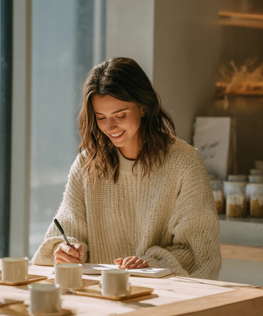 Dirigeante prenant des notes lors d’un entretien confidentiel d’executive search.
