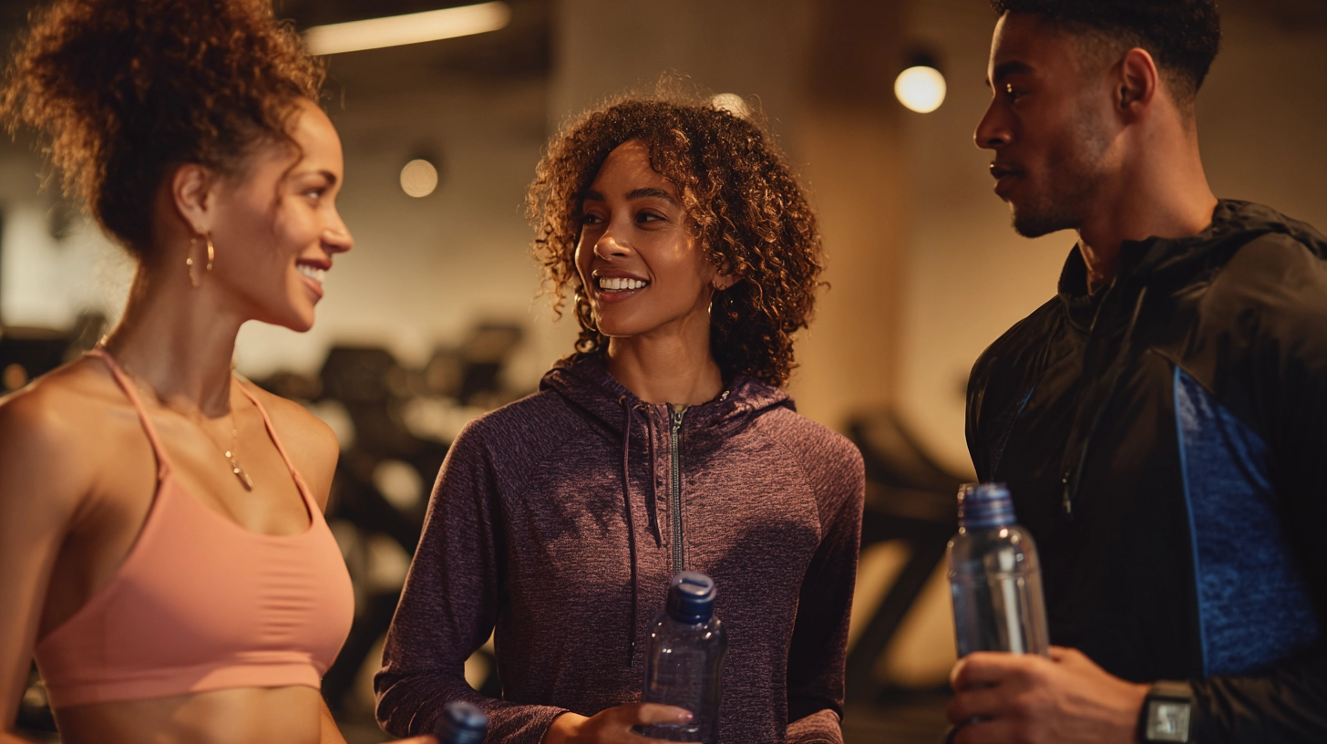 Trois personnes en pause dans une salle de sport, bouteilles d’eau à la main, en pleine discussion