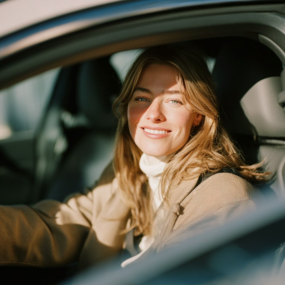 Femme souriante au volant d’une voiture récente sous une lumière naturelle