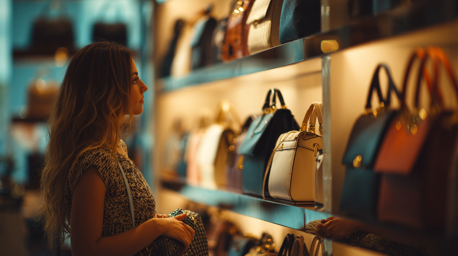 Jeune femme examinant des sacs à main sur les étagères éclairées d'une boutique de luxe