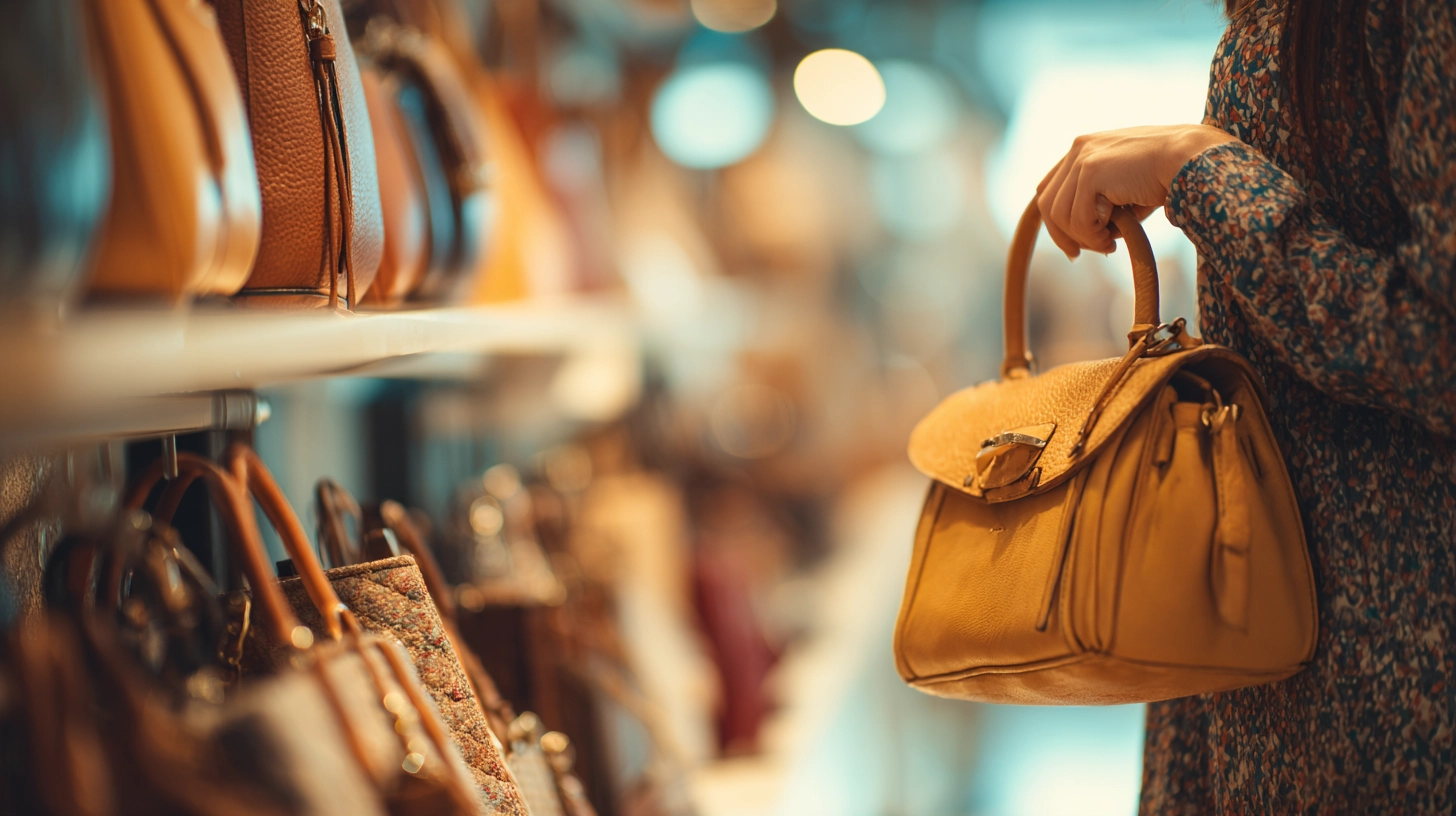 Conseillère de vente présentant un sac en cuir dans une boutique de luxe