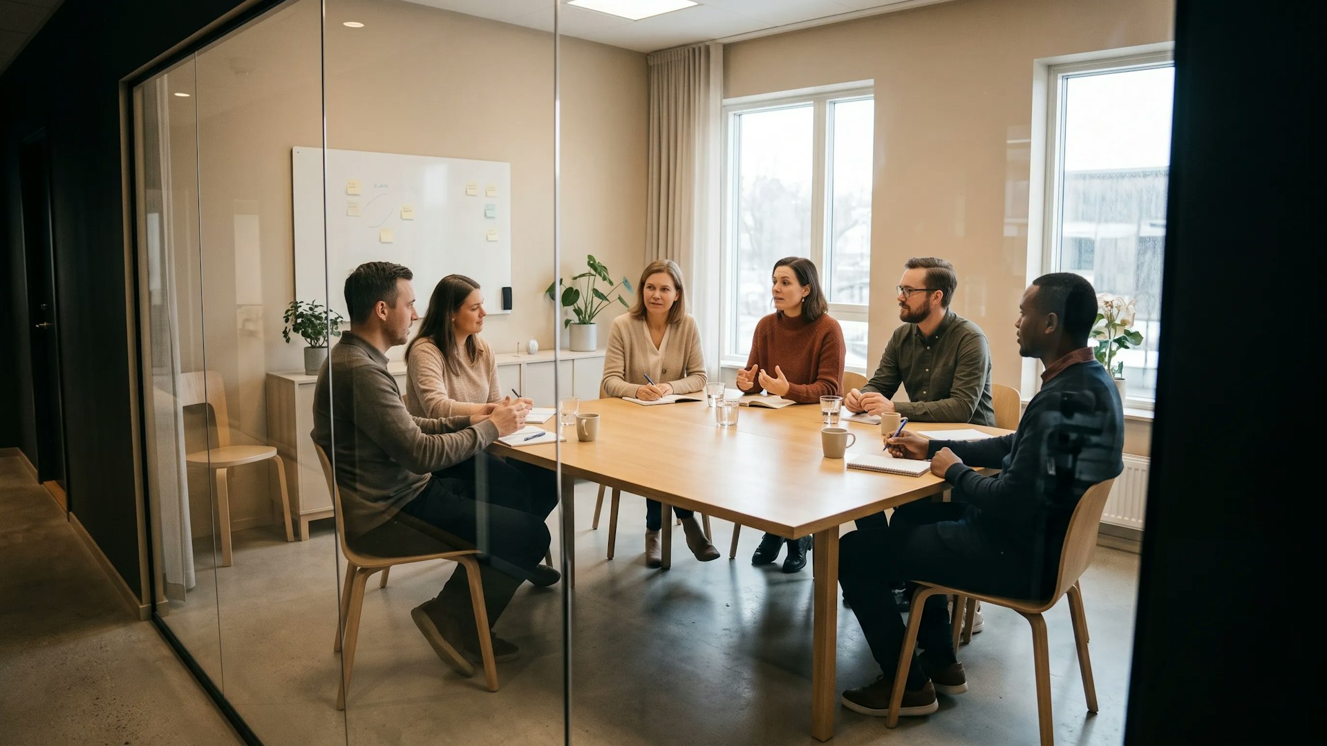 Réunion d’équipe autour d’une table, vue à travers la paroi vitrée d’une salle de réunion
