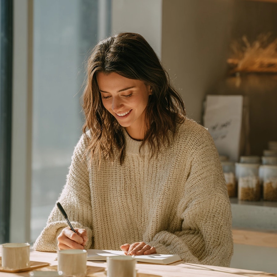 Dirigeante prenant des notes lors d’un entretien confidentiel d’executive search.
