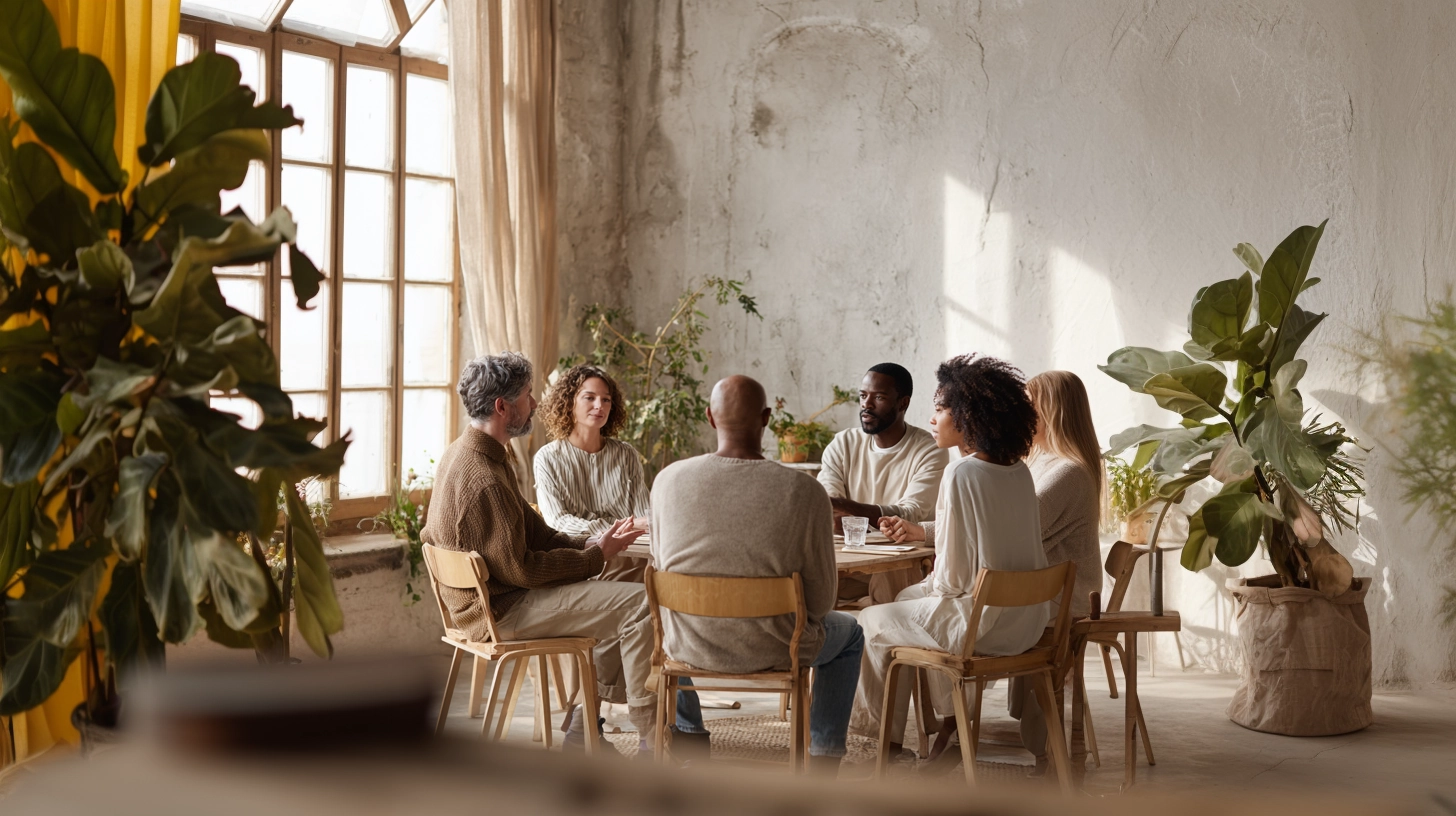Équipe internationale en discussion autour d'une table, dans une salle lumineuse