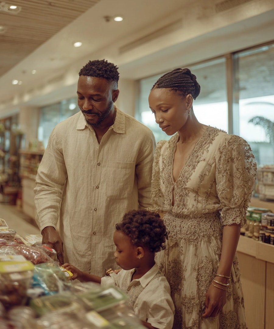 Famille de trois personnes faisant ses courses dans un supermarché chaleureusement éclairé