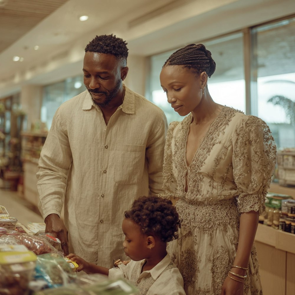 Famille de trois personnes faisant ses courses dans un supermarché chaleureusement éclairé