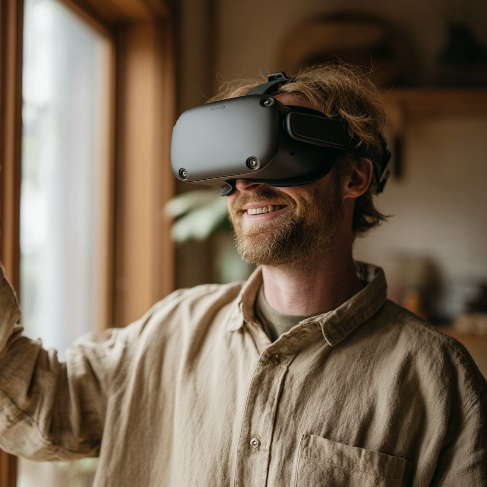 Homme souriant portant un casque de réalité virtuelle dans un salon lumineux