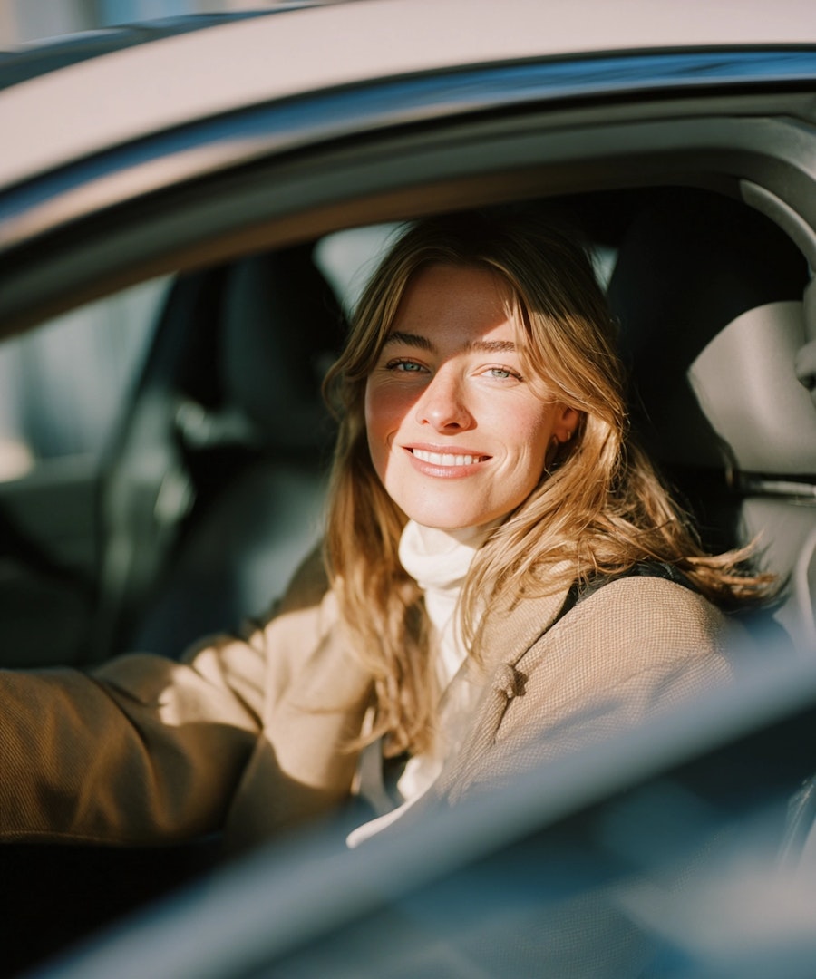 Femme souriante au volant d’une voiture moderne, dans une lumière naturelle chaleureuse