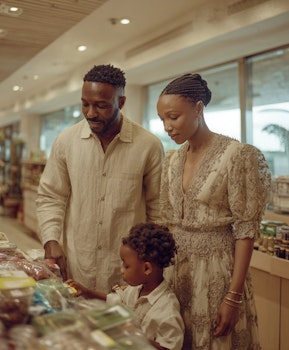 Famille de trois personnes faisant ses courses dans un supermarché chaleureusement éclairé
