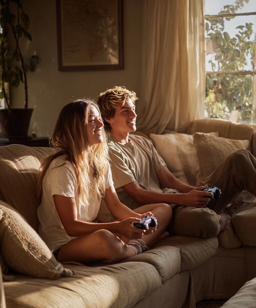 Deux jeunes joueurs souriants devant une console de jeu, assis sur un canapé dans un salon lumineux