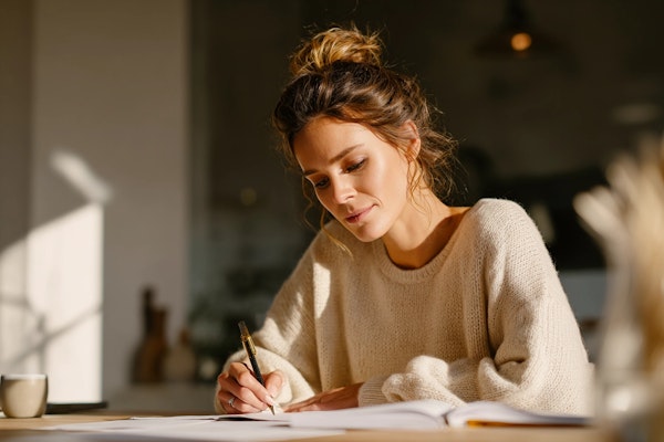 Consultante prenant des notes lors d’un entretien de recrutement dans un cadre chaleureux.