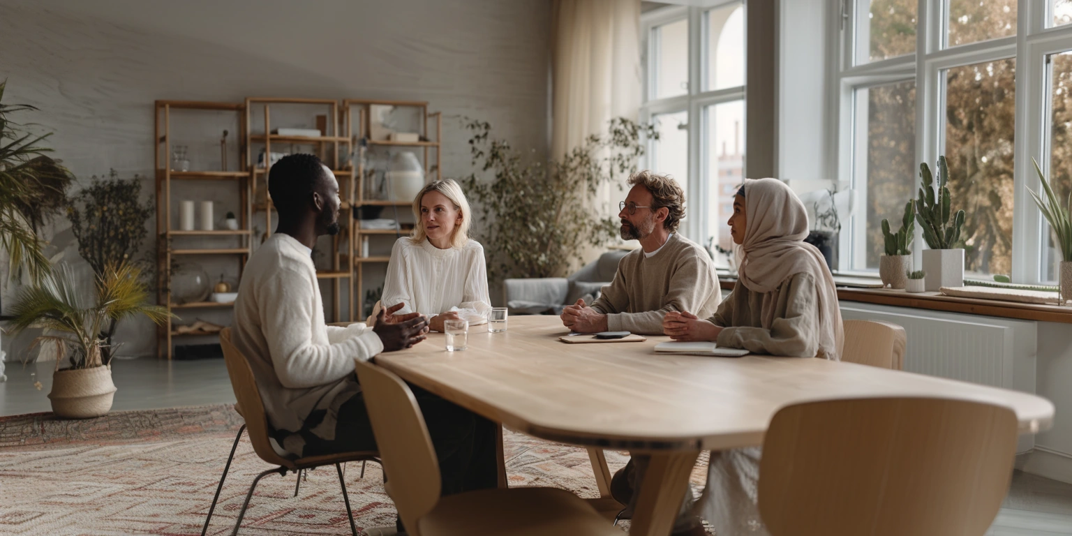 Équipe internationale réunie autour d’une table dans un espace de travail lumineux