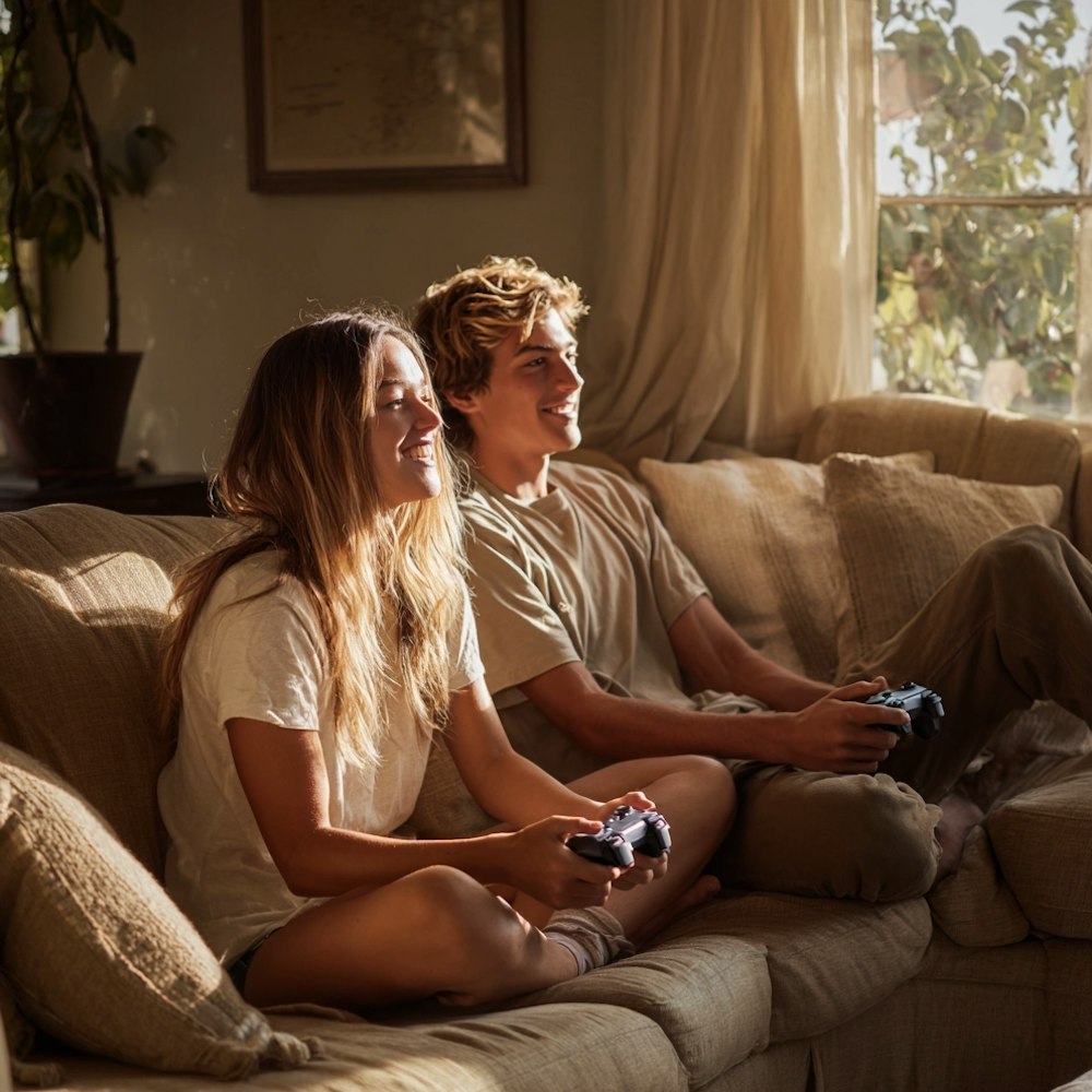 Deux jeunes joueurs souriants devant une console de jeu, assis sur un canapé dans un salon lumineux
