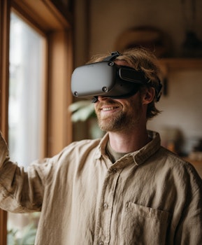 Homme souriant portant un casque de réalité virtuelle dans un salon lumineux