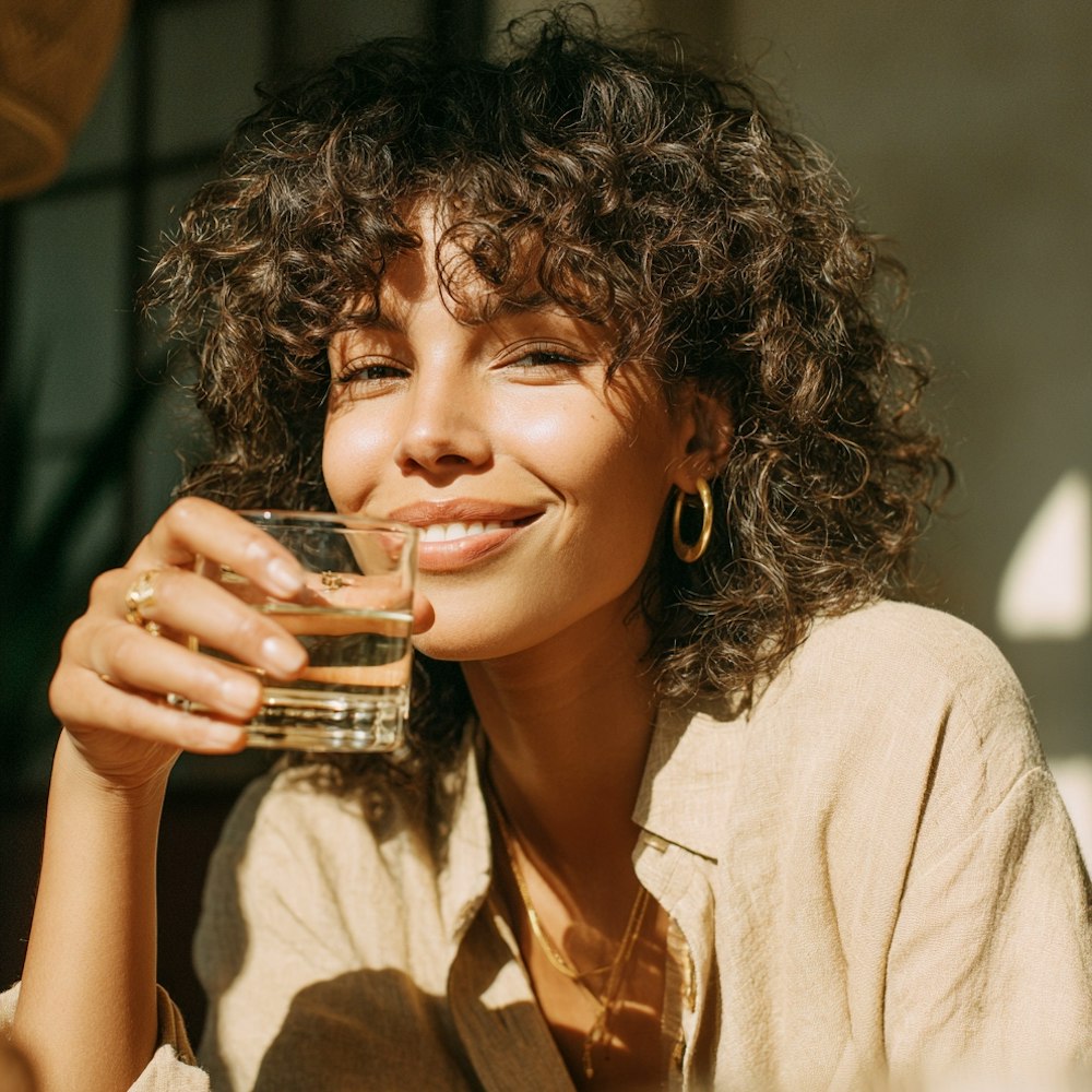 Femme aux cheveux bouclés souriante, un verre d’eau à la main, dans la lumière du soleil