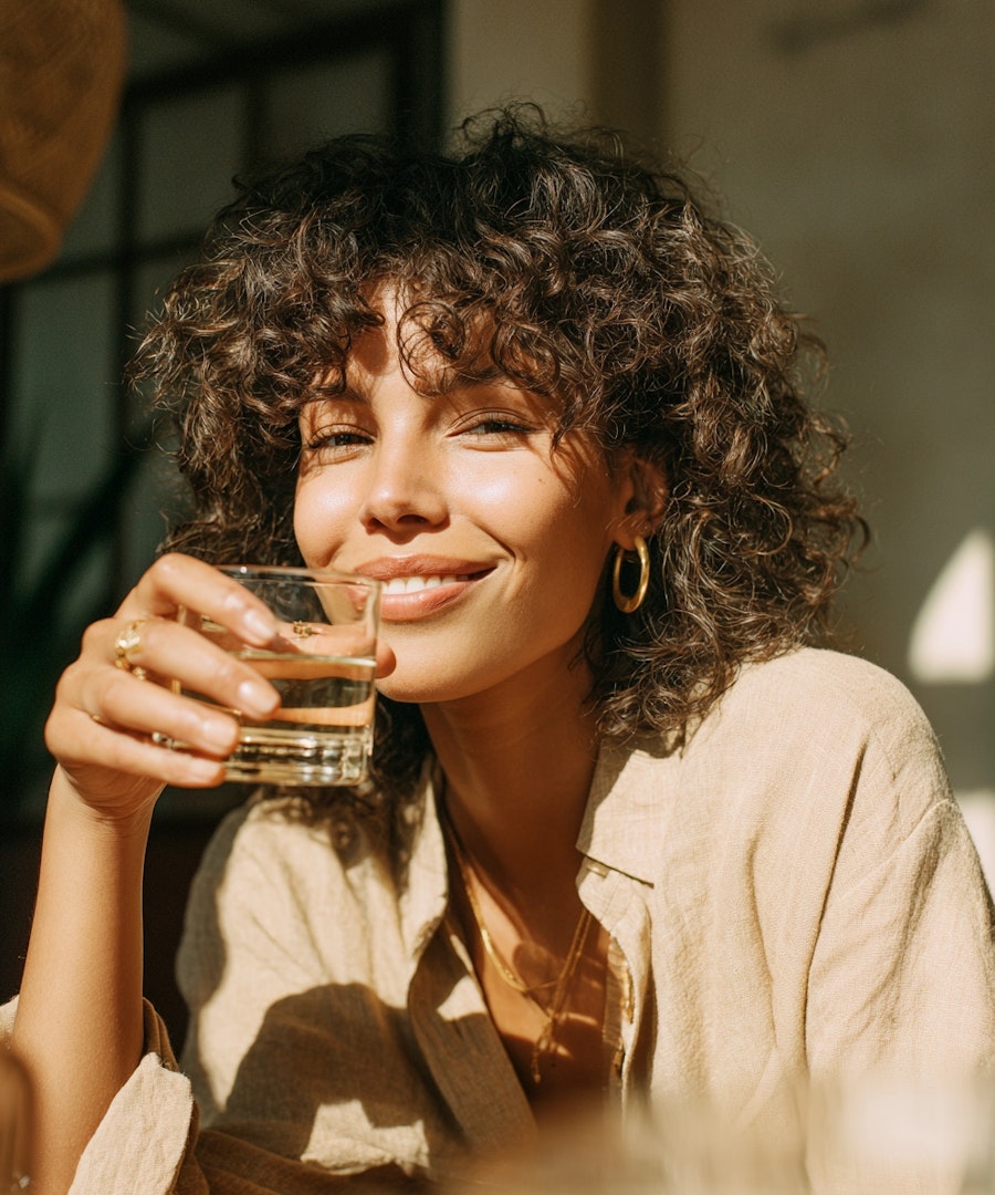 Femme aux cheveux bouclés souriante, un verre d’eau à la main, dans la lumière du soleil