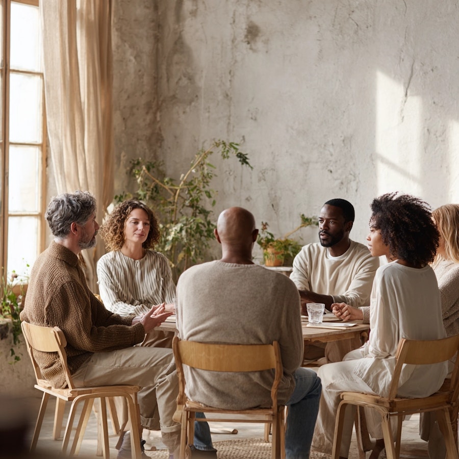Petit groupe de candidats et de consultants en discussion lors d’une session d’approche directe.